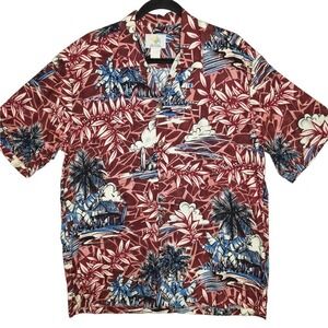 Ho Aloha Mens Hawaiian Shirt Rayon Large Surfboard House Palm Tree Burgundy Blue